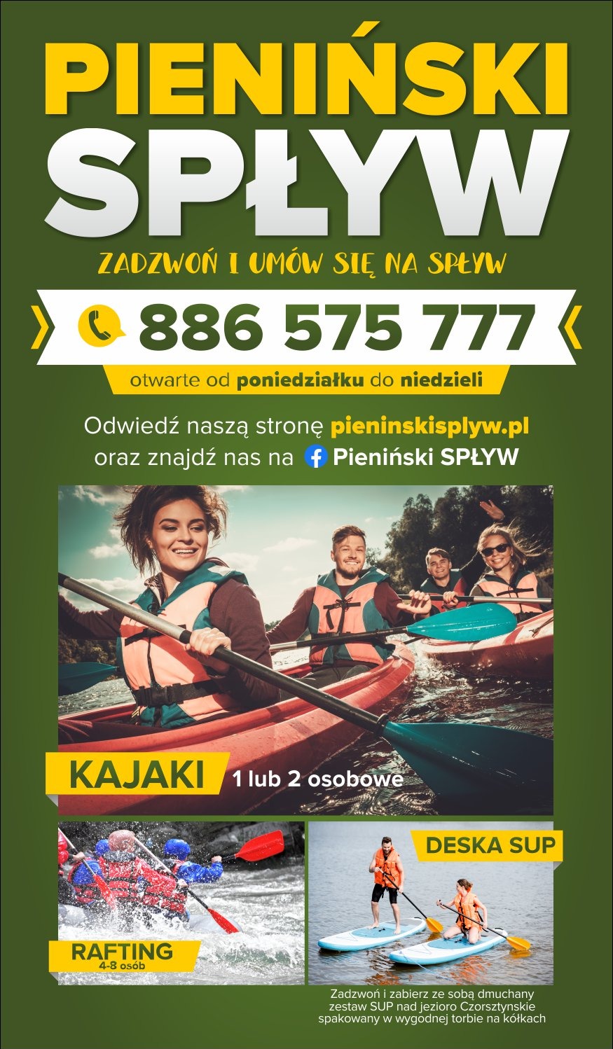 Plakat reklamowy spływów Pienińskim przełomem Dunajca, oferujący kajaki jedno- lub dwuosobowe, rafting dla 4-8 osób oraz deski SUP, z numerem telefonu i adresem strony internetowej.