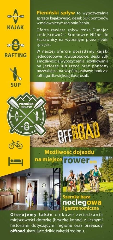 Plakat reklamowy z ofertą spływów kajakowych, raftingu, SUP, przejazdów offroad i zwiedzania bryczką konną w regionie Pienin, z możliwością dojazdu rowerem i szeroką bazą noclegową.