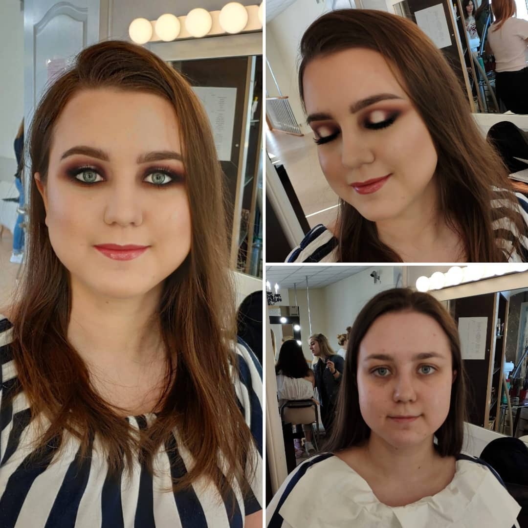 Kobieta przed i po aplikacji kosmetyków kolorowych, widoczne intensywne cienie do powiek i pomadka na ustach, zestawione z naturalnym wyglądem twarzy.