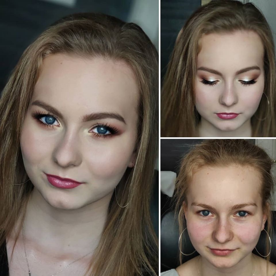 Portret kobiety z makijażem dziennym, widoczne trzy ujęcia: przed makijażem, zbliżenie na oczy i usta po makijażu oraz cała twarz po makijażu z delikatnym podkreśleniem oczu i ust