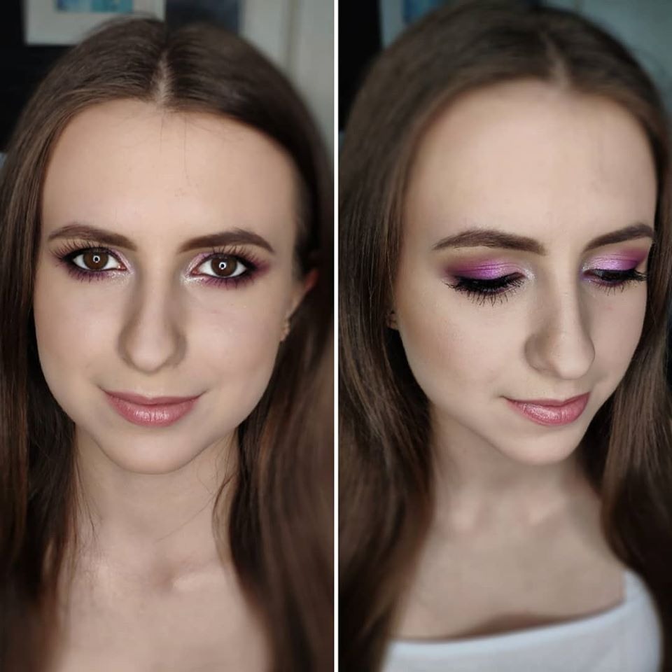 Portret kobiety z fioletowym cieniowaniem powiek, pokazujący efekt przed i po aplikacji kosmetyków.
