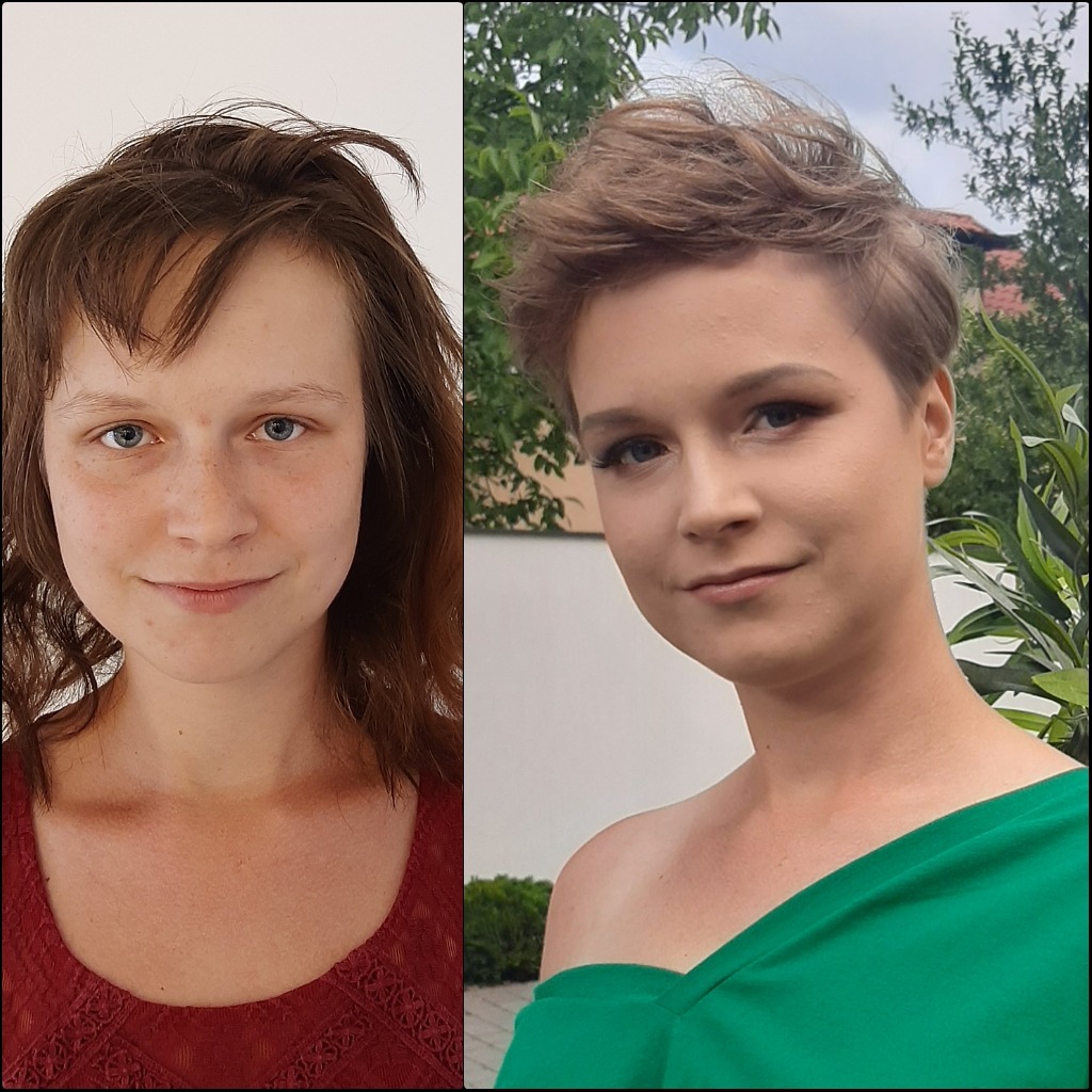 Zdjęcie typu 'przed i po' metamorfozy kobiety: po lewej włosy długie, brązowe, bez makijażu, po prawej krótka fryzura, subtelny makijaż oczu i ust, zielona sukienka z odkrytym ramieniem.
