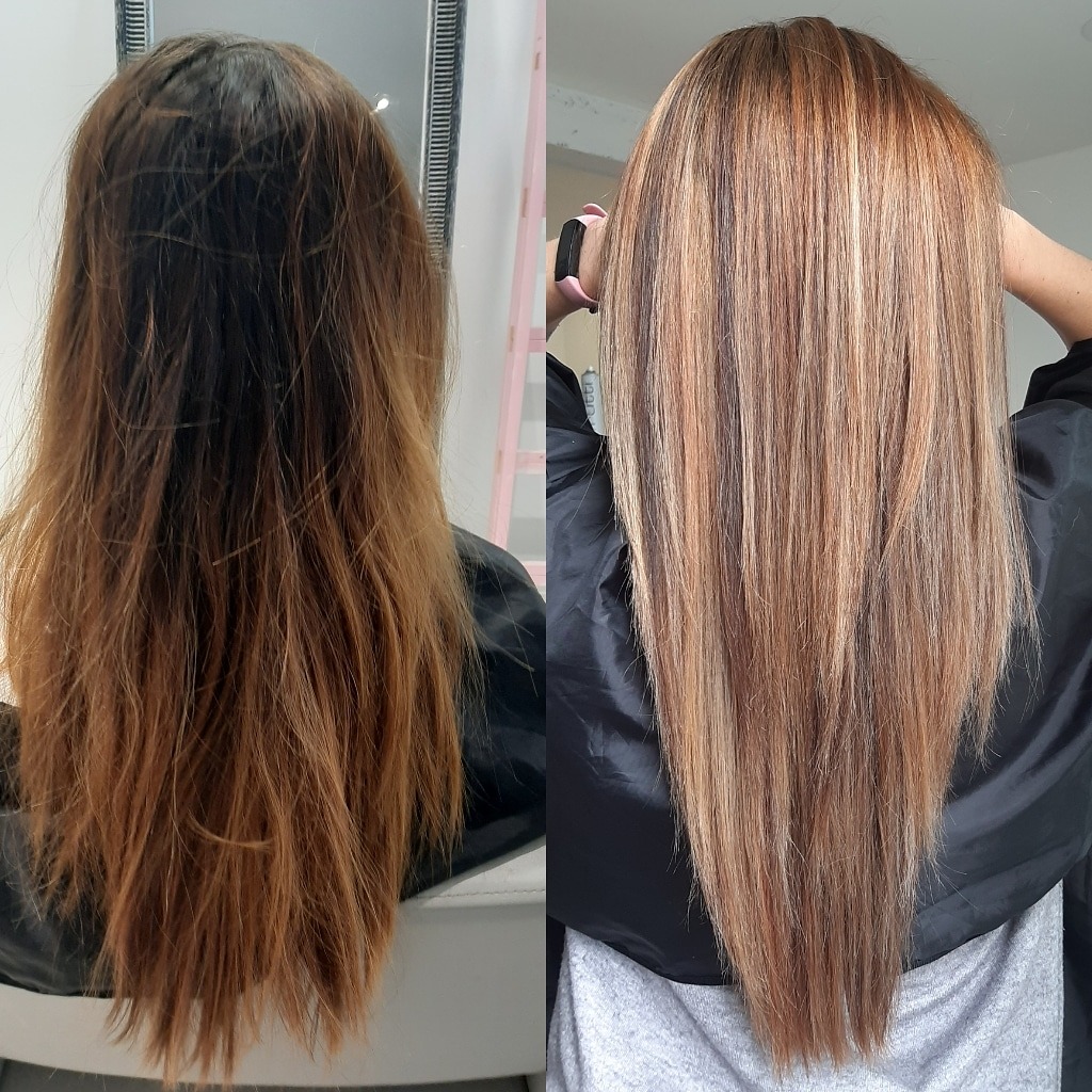 Zdjęcie typu 'przed i po' ukazujące metamorfozę włosów: od matowych, brązowych włosów do lśniących, wielotonowych włosów blond z refleksami.