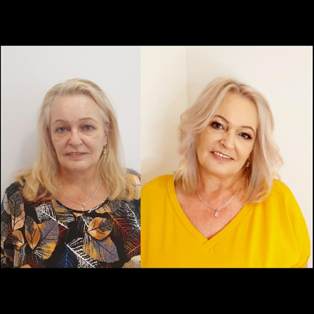 Metamorfoza kobiety: zdjęcie 'przed' z naturalnymi, rozpuszczonymi włosami i delikatnym makijażem kontra zdjęcie 'po' z wystylizowanymi, blond włosami i pełnym makijażem.