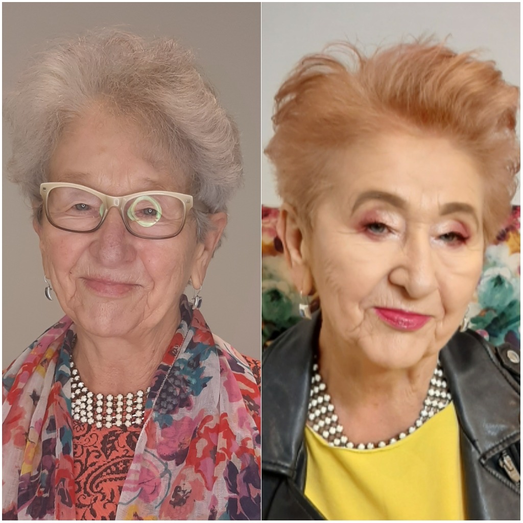 Portret kobiety przed i po metamorfozie: po lewej siwe włosy i okulary, po prawej różowe włosy i makijaż z różowymi cieniami i szminką.