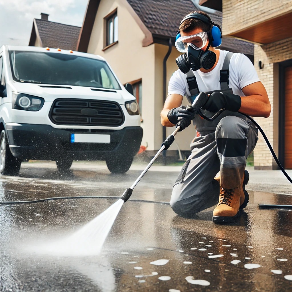 Pracownik w kombinezonie, masce ochronnej i słuchawkach, klęczy na mokrej kostce brukowej w Starym Mieście, czyszcząc ją myjką ciśnieniową. W tle biały bus i dom z brązowym dachem.