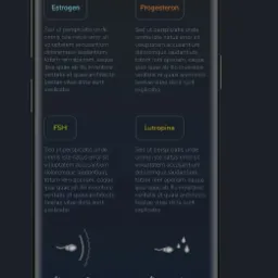 Ekran smartfona prezentujący interfejs aplikacji medycznej z informacjami o hormonach i ich wpływie na płodność, z ilustracjami śluzu szyjkowego i opisami jego typów.
