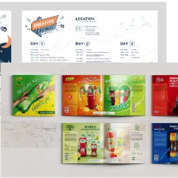 Rozłożone katalogi i ulotki reklamowe z grafikami napojów, plan trzydniowego firmowego wyjazdu integracyjnego 'Creative Retreat' oraz ilustracja ogniska z postaciami na tle nocnego krajobrazu.