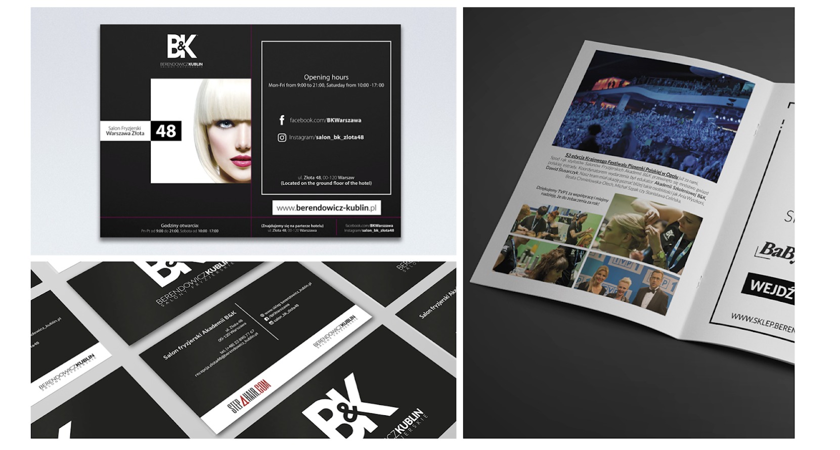 Materiały reklamowe salonu fryzjerskiego: wizytówki z logo i danymi kontaktowymi, ulotka z relacją z wydarzenia i zdjęciem modelki w salonie.