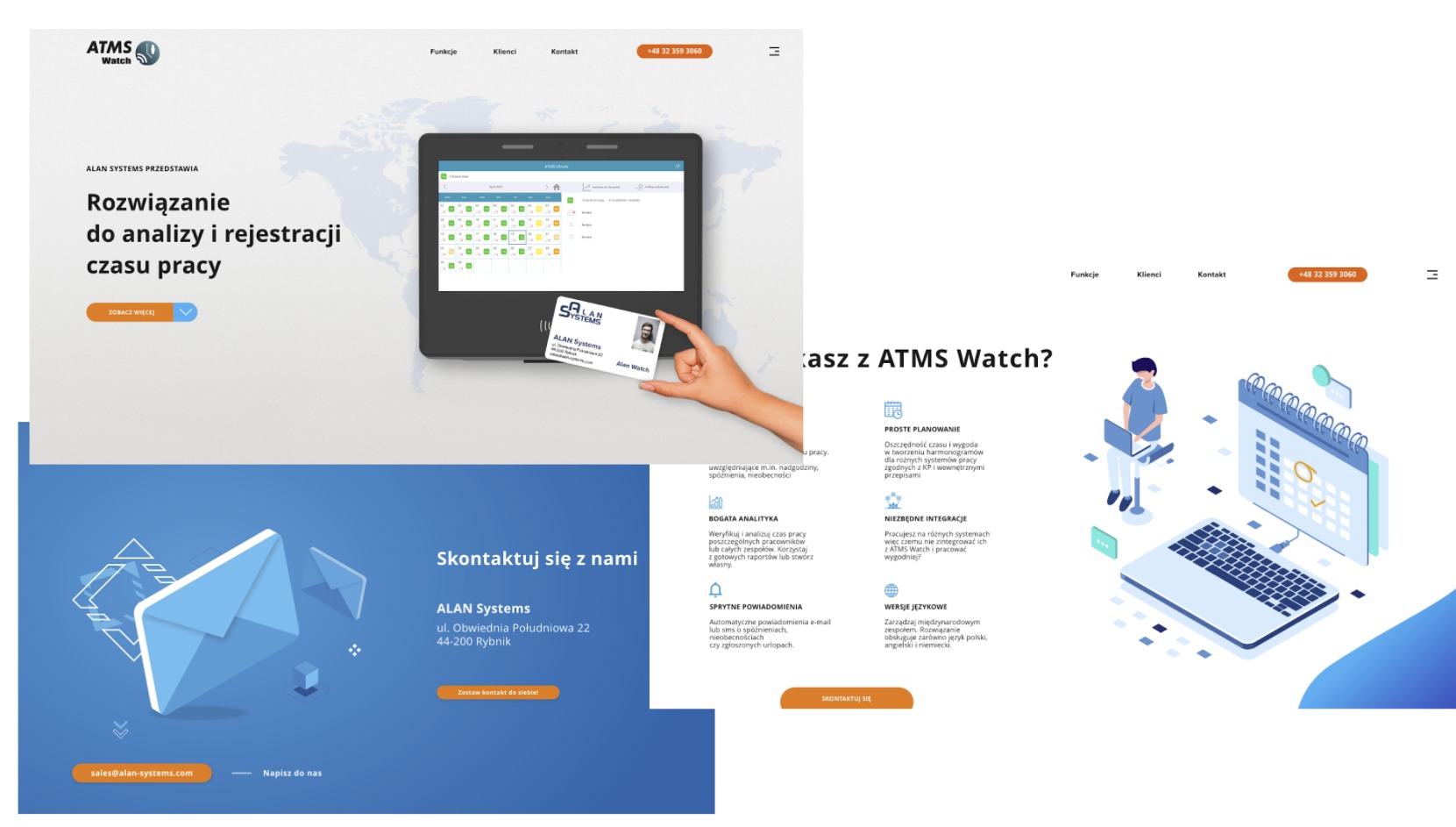 Strona internetowa z prezentacją systemu do analizy i rejestracji czasu pracy, z widocznym kalendarzem i kartą identyfikacyjną pracownika trzymaną w dłoni.
