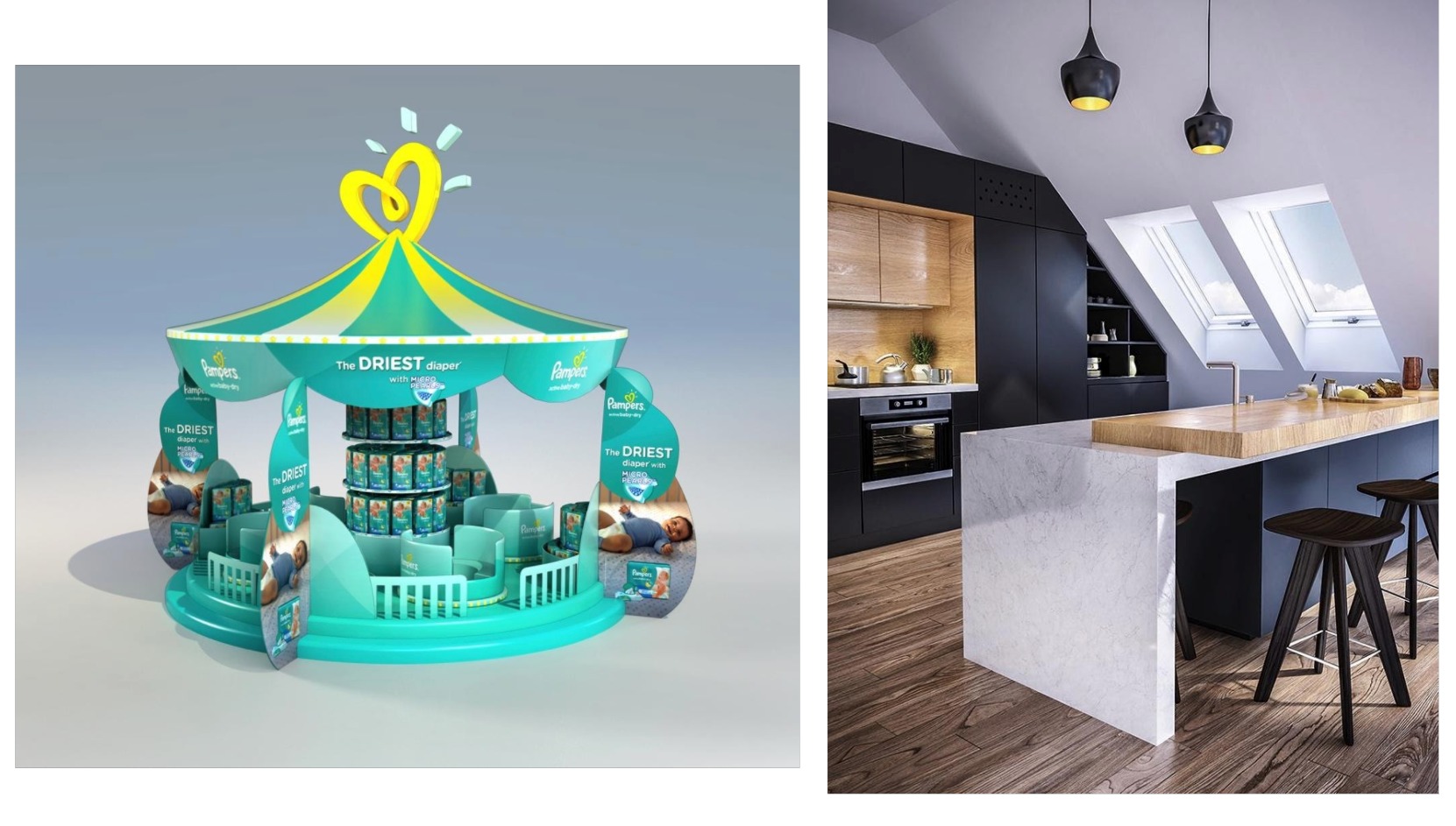 Wizualizacja stoiska promocyjnego w kształcie karuzeli z produktami dla dzieci na tle nowoczesnej kuchni z wyspą.