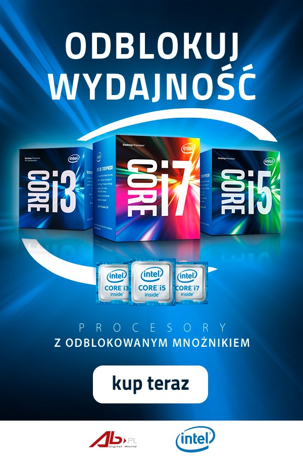 Reklama procesorów Intel Core i3, i5 i i7, z hasłem 'Odblokuj wydajność' i przyciskiem 'Kup teraz', na niebieskim tle z logotypami Intel i AB.PL Digital World.