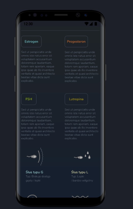 Ekran smartfona prezentujący interfejs aplikacji medycznej z informacjami o hormonach i ich wpływie na płodność, z ilustracjami śluzu szyjkowego i opisami jego typów.