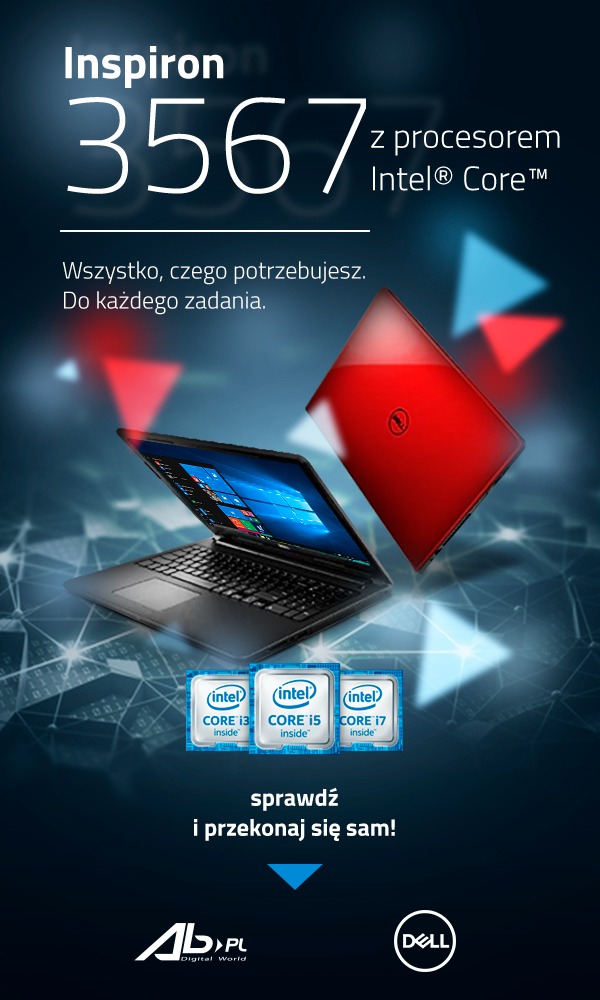 Grafika reklamowa laptopa Dell Inspiron 3567 z procesorem Intel Core i3, i5 oraz i7, na tle abstrakcyjnej sieci.