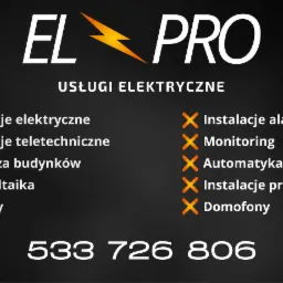 Logo firmy EL PRO z Niekłania Wielkiego oferującej usługi elektryczne, w tym instalacje, przyłącza budynków, fotowoltaikę, pomiary, instalacje alarmowe, monitoring, automatykę bramową, instalacje...