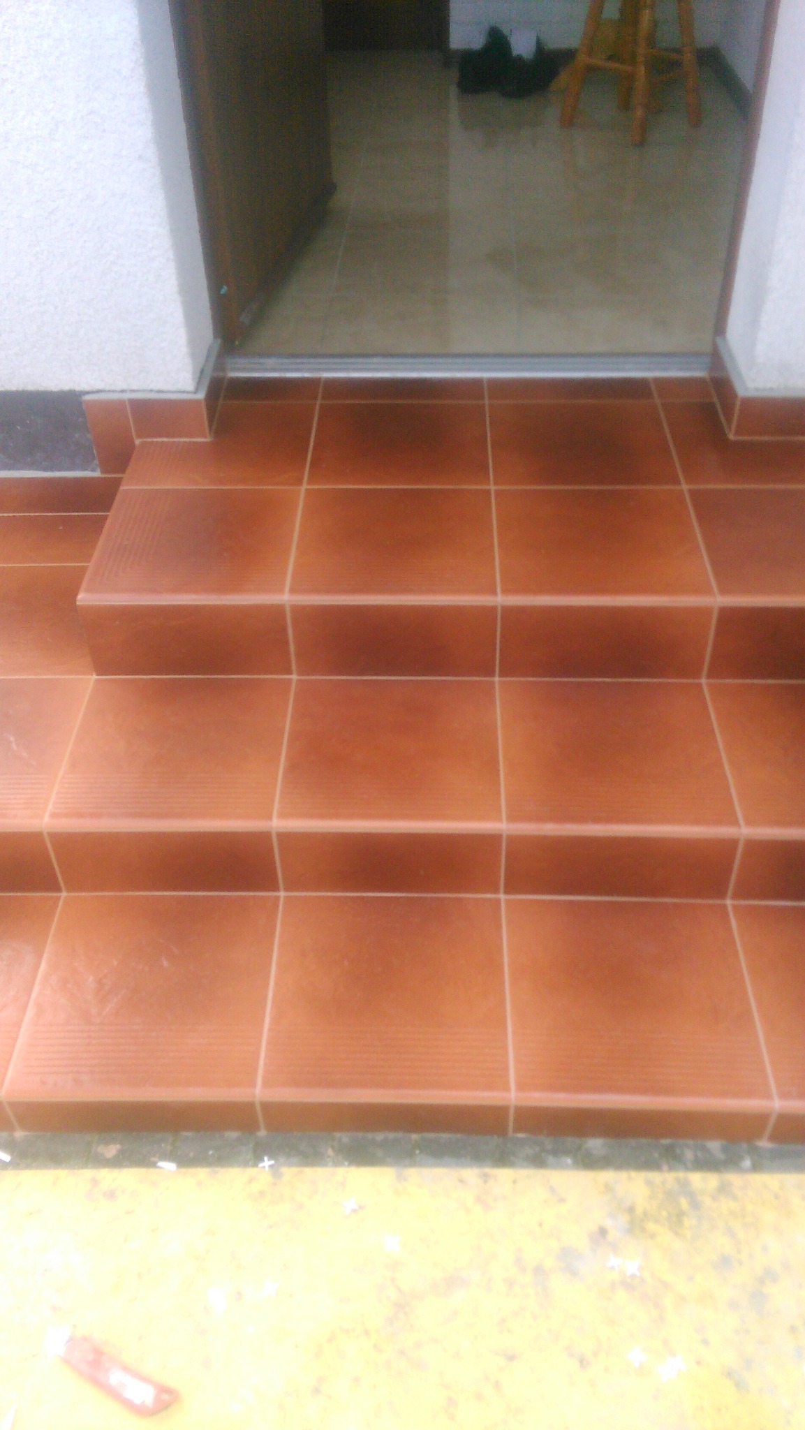 Wykończone płytkami schody wejściowe w kolorze terakoty, z widocznymi fugami i aluminiową listwą progową. Widok na wnętrze przez otwarte drzwi.