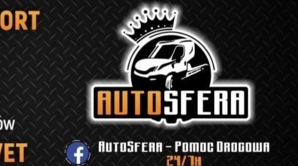 Czarno-białe logo firmy AutoSfera Pomoc Drogowa 24/7 z grafiką lawety pod koroną, umieszczone na tle imitującym metalową kratownicę.