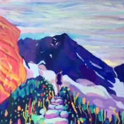 Kolorowy obraz przedstawiający osobę z plecakiem idącą kamienną ścieżką w górach, z widocznym szczytem w tle i fantazyjnym niebem.