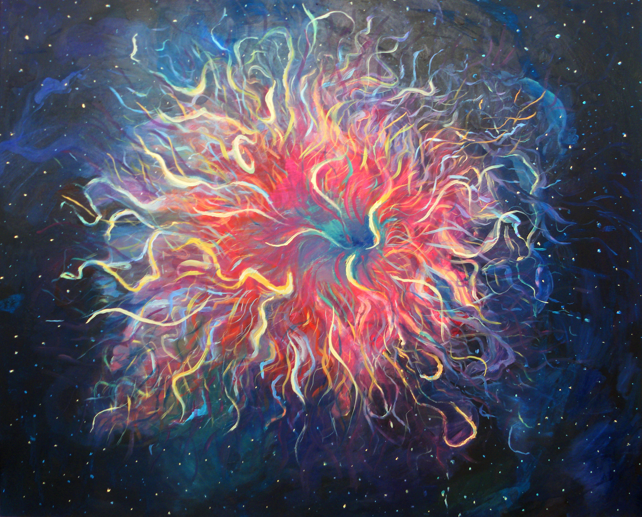 Abstrakcyjne malowidło przedstawiające eksplozję kolorów w przestrzeni kosmicznej z drobnymi, białymi punktami przypominającymi gwiazdy na ciemnym tle.