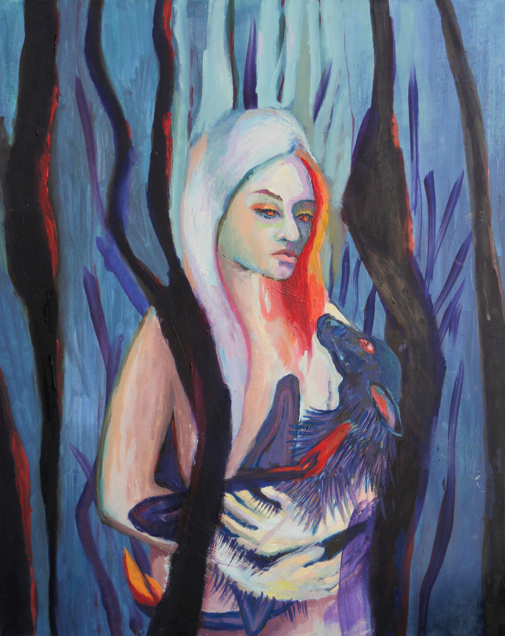 Obraz olejny przedstawiający kobietę o jasnych włosach trzymającą ciemnego wilka na tle stylizowanego, niebieskiego lasu z ciemnymi drzewami.