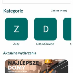 Ekran aplikacji mobilnej z ofertami jedzenia na wynos, widok głównej strony z kategoriami potraw i aktualnymi wydarzeniami, gdzie w sekcji wydarzeń promowana jest usługa budowy domów...