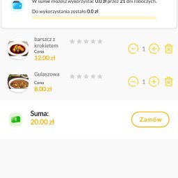 C3SOLUTIONS Kamil Puchała - Ekran aplikacji mobilnej z koszykiem zamówienia jedzenia, pokazujący pozycje barszcz z krokietem i gulaszowa z cenami oraz sumą zamówienia, adres dostawy i informacje o dofinansowaniu.