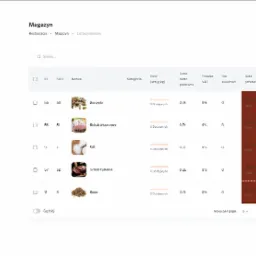 Interfejs aplikacji do zarządzania magazynem restauracji, prezentujący listę produktów spożywczych, takich jak borowiki, schab wieprzowy, sól, schab z jelenia i kmin, z informacjami o ilości, cenie...