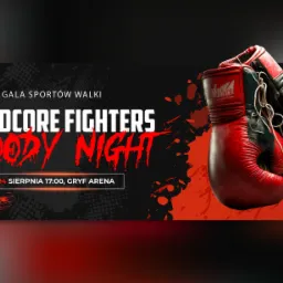 Plakat eventowy gali sportów walki Hardcore Fighters Bloody Night, z czerwonymi rękawicami bokserskimi na czarno-czerwonym tle.