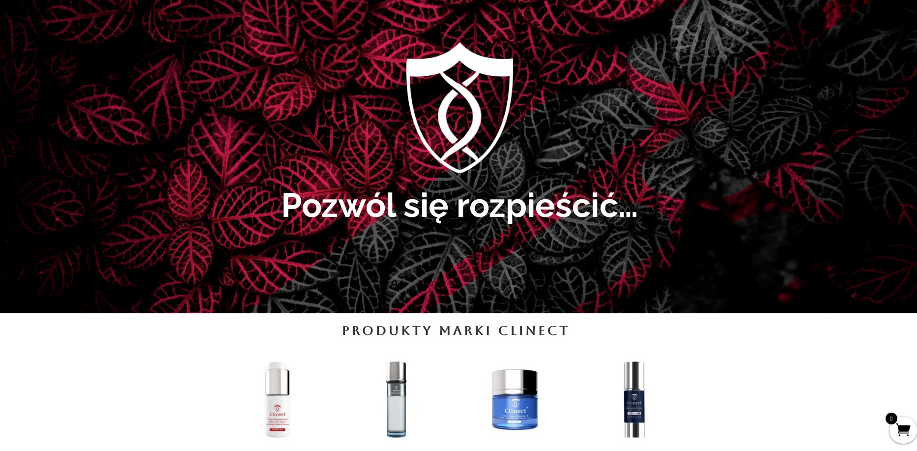 Grafika strony internetowej z hasłem 'Pozwól się rozpieścić...' i logo marki Clinect na tle liści oraz prezentacją produktów marki Clinect z Przytocznej.