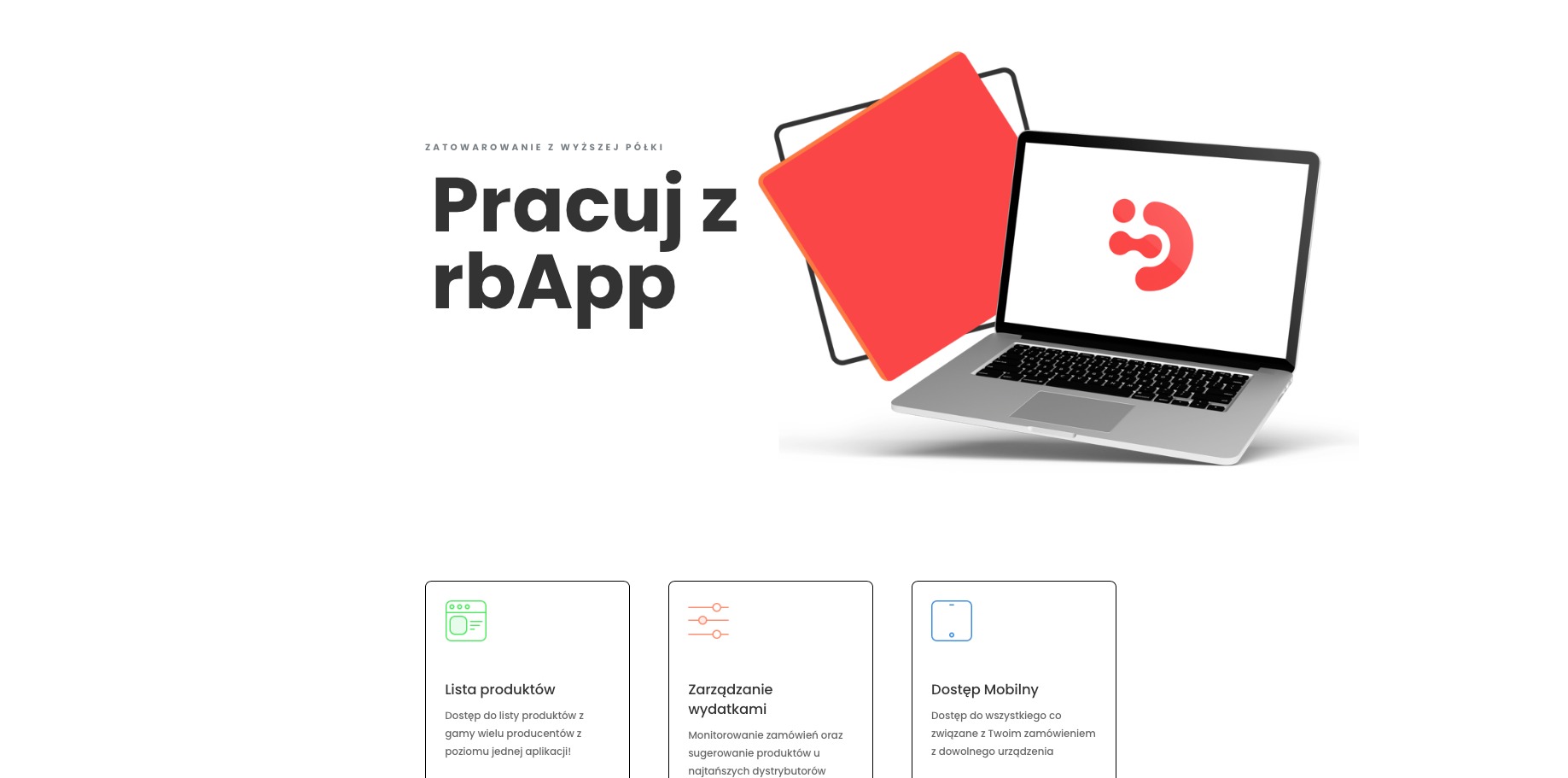Laptop z wyświetlonym logo aplikacji 'rbApp' na białym ekranie, obok czerwony kwadrat z czarną obwódką, prezentacja funkcjonalności aplikacji w dolnej części kadru: lista produktów, zarządzanie...