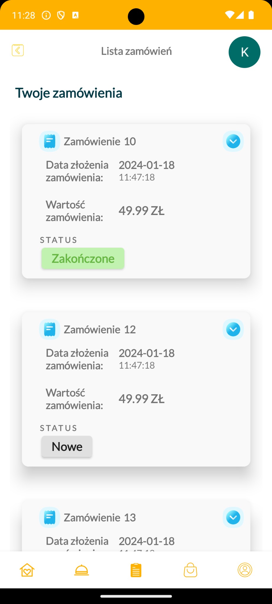 Zrzut ekranu aplikacji mobilnej prezentujący listę zamówień z datami, godzinami i wartościami, gdzie jedno zamówienie ma status 'Zakończone', a inne 'Nowe'.