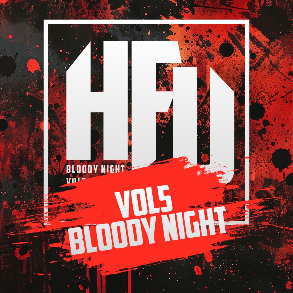 Grafika plakatu eventowego 'Bloody Night Vol. 5' z dynamicznym czerwono-czarnym tłem i białymi, geometrycznymi literami w kwadratowej ramce.