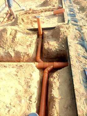 Wykonane wykopy z ułożonym systemem rur kanalizacyjnych z pomarańczowego PCV, widoczne studzienki rewizyjne, piasek zasypowy i fragment siatki wzmacniającej.