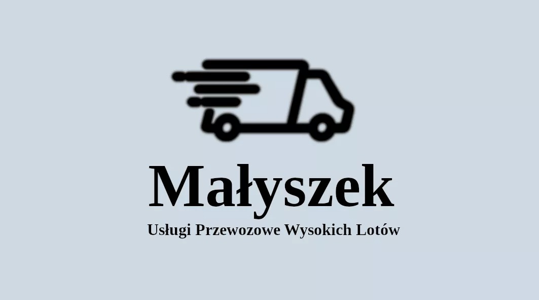 Logo firmy transportowej Małyszek z ikoną dynamicznie jadącego busa i hasłem 'Usługi Przewozowe Wysokich Lotów'.