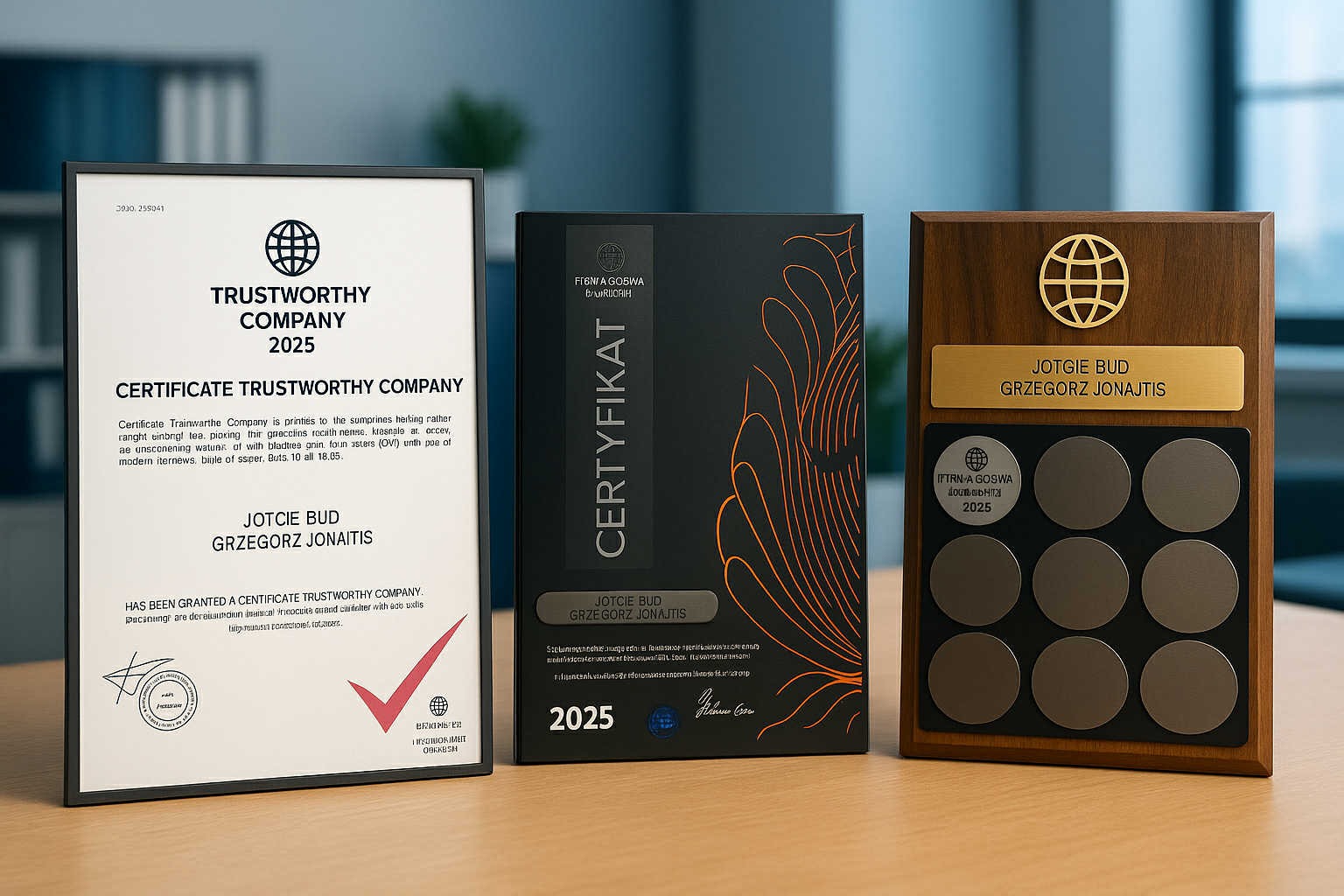 Trzy certyfikaty 'Trustworthy Company 2025' firmy Jotgie Bud Grzegorz Jonajtis, prezentowane na drewnianym biurku. Jeden w ramce, drugi w czarnym pudełku, trzeci na drewnianej tabliczce.