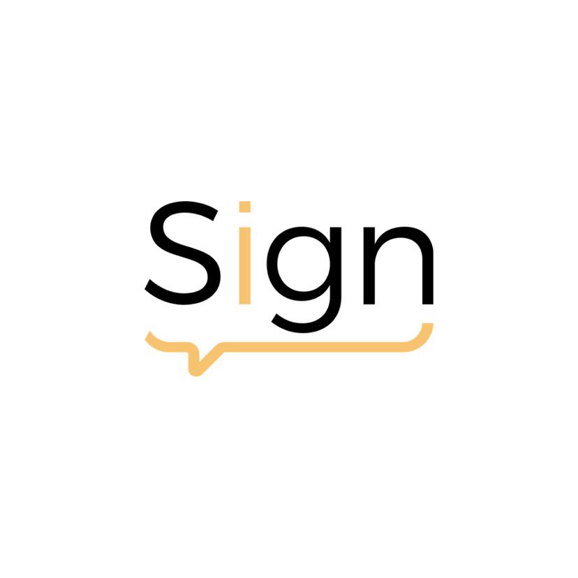 Minimalistyczne logo z napisem 'Sign' w czcionce bezszeryfowej, gdzie 'i' jest koloru żółtego, a całość umieszczona jest nad żółtym konturem przypominającym dymek dialogowy.
