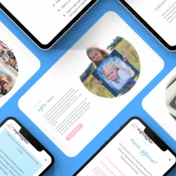 Kompozycja z ekranów smartfonów i tabletów prezentujących stronę internetową z portretami rysowanymi cyfrowo, w tym portret grupy kobiet, portret dziecka i portret starszego mężczyzny.