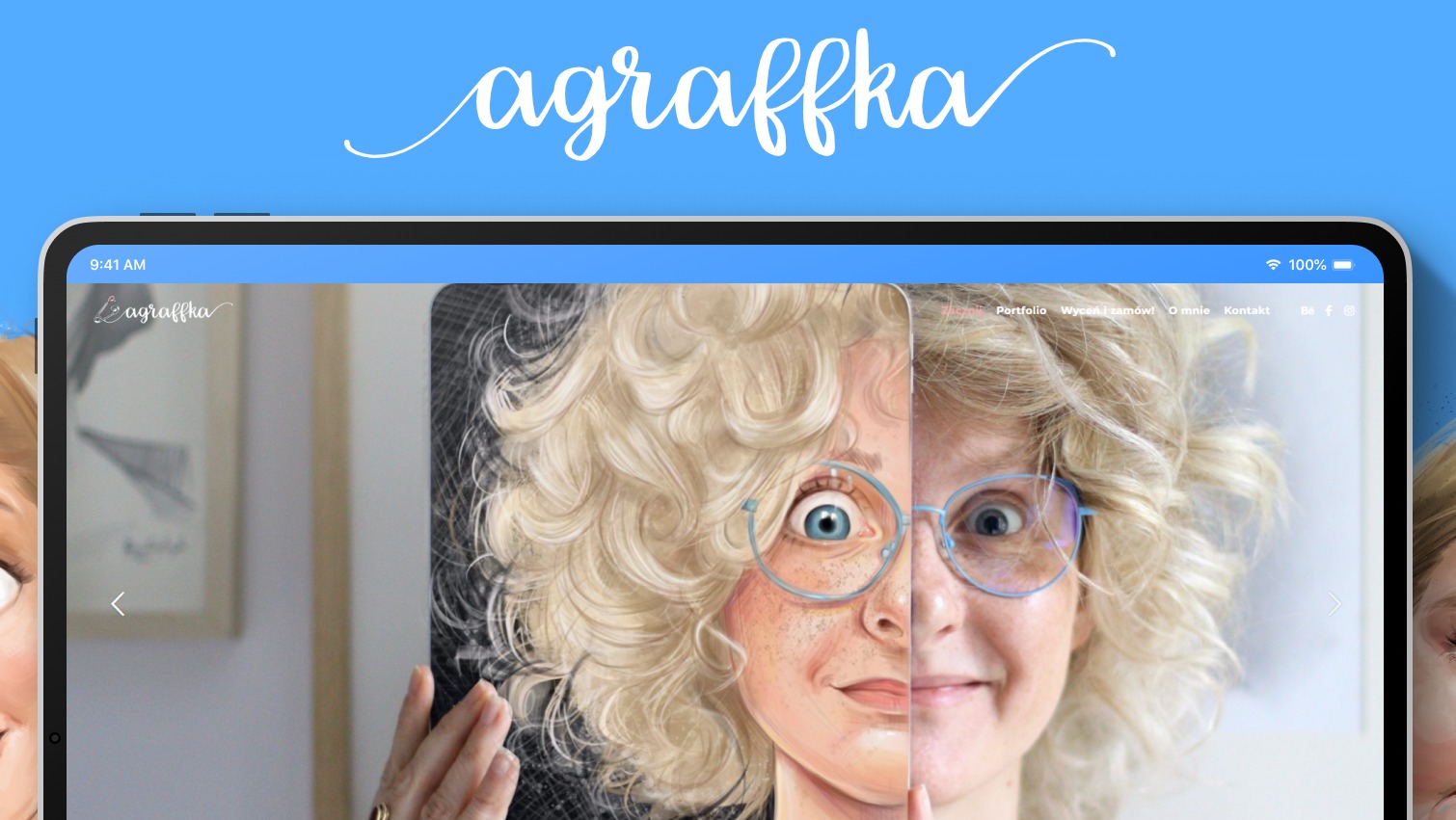 Ekran tabletu prezentujący stronę internetową z portretem kobiety, łączącym rysunek i realistyczne zdjęcie.