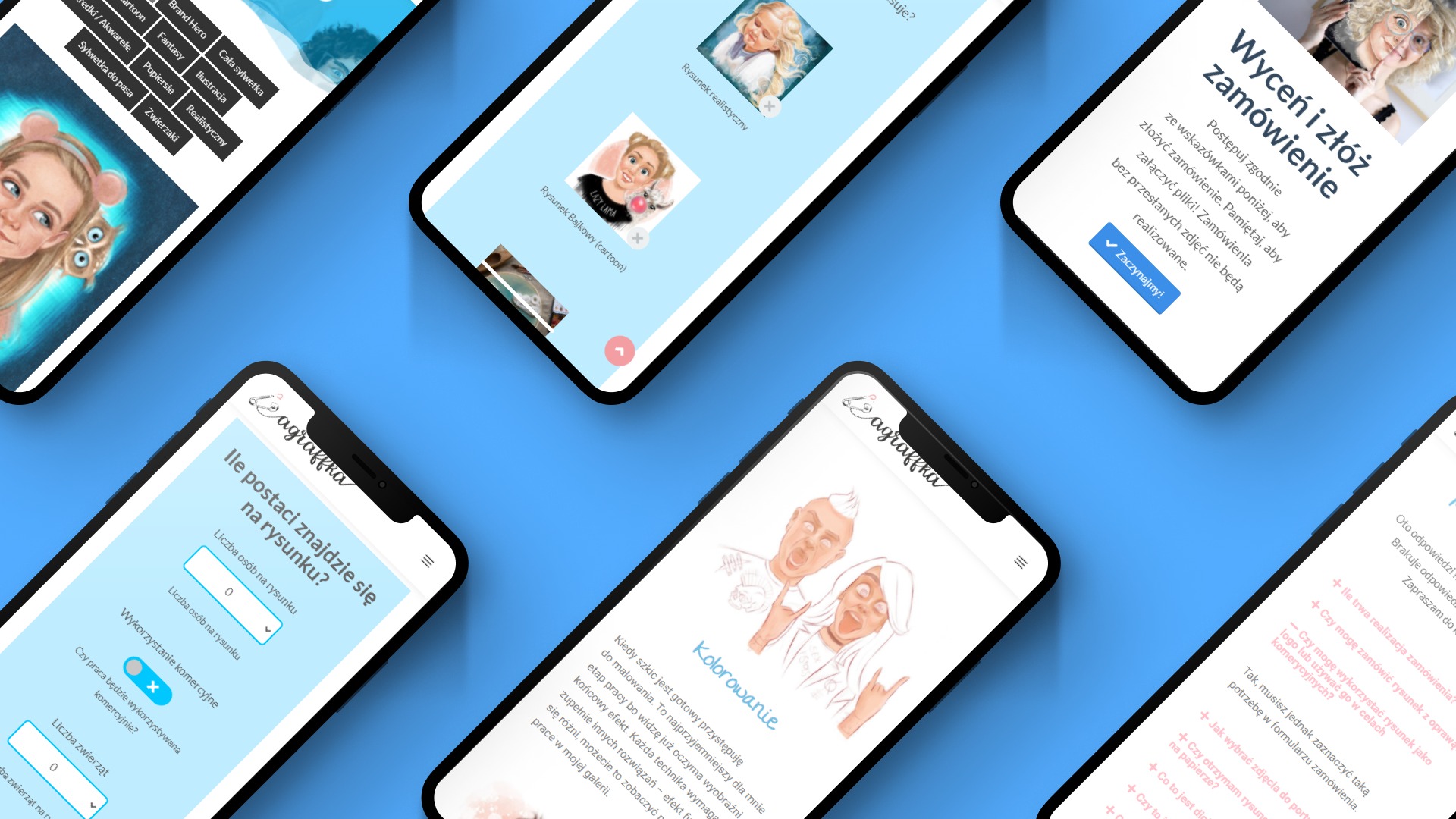 Ekrany smartfonów wyświetlające interfejs aplikacji do zamawiania ilustracji i rysunków, prezentujące różne style i opcje, w tym realistyczne portrety i bajkowe postacie.