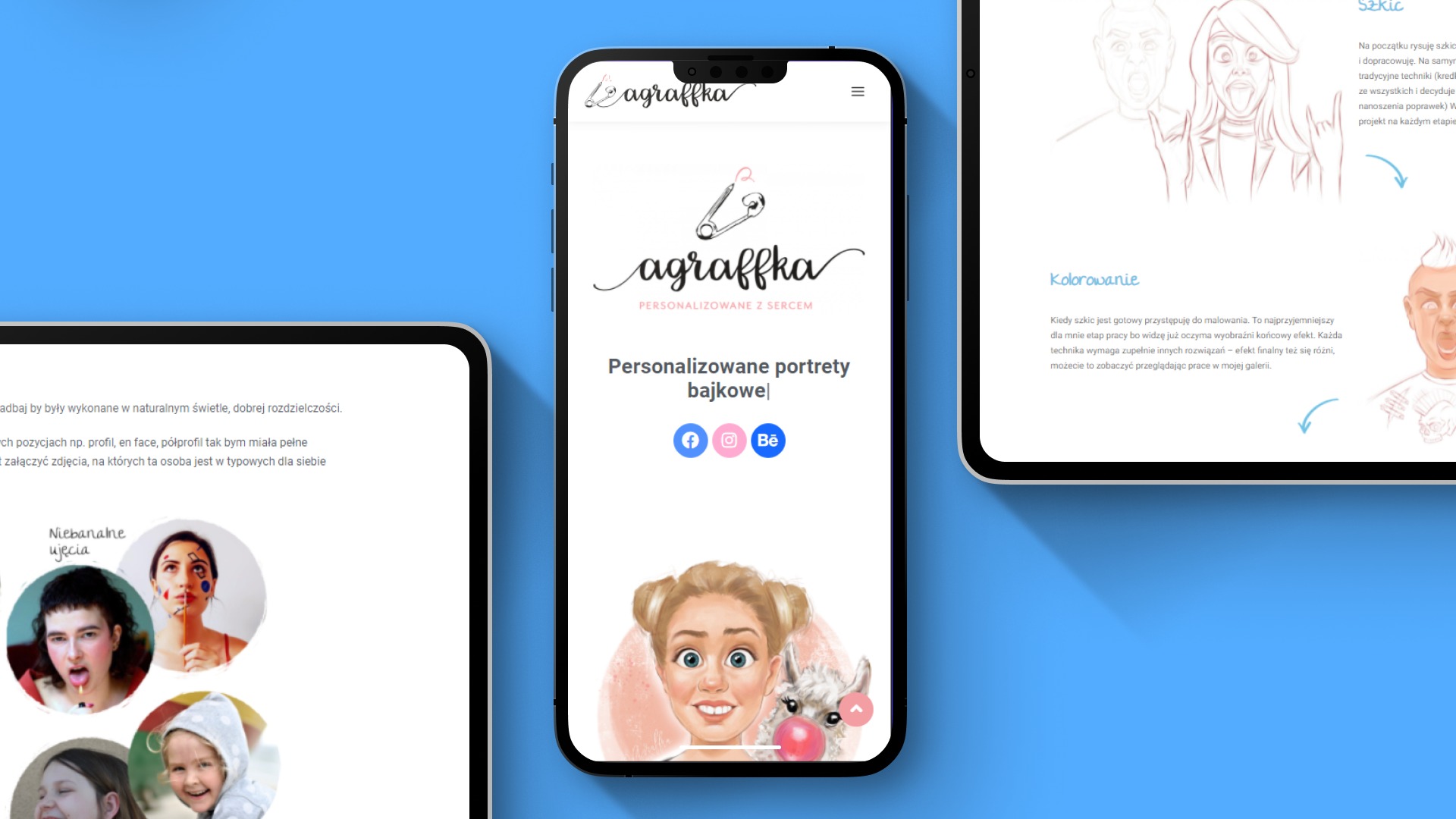 Prezentacja responsywnej strony internetowej z ofertą personalizowanych, bajkowych portretów na smartfonie z widocznym logo firmy 'agraffka', ikony mediów społecznościowych oraz przykładowe...