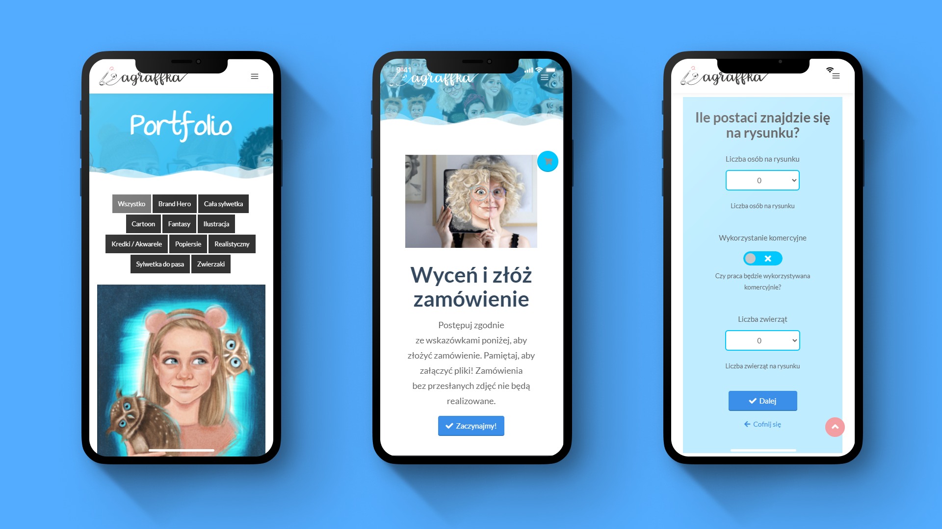 Trzy ekrany smartfona prezentujące aplikację do zamawiania ilustracji od agraffka. Na pierwszym ekranie portfolio z kategoriami, na drugim wycena i składanie zamówienia, na trzecim formularz...