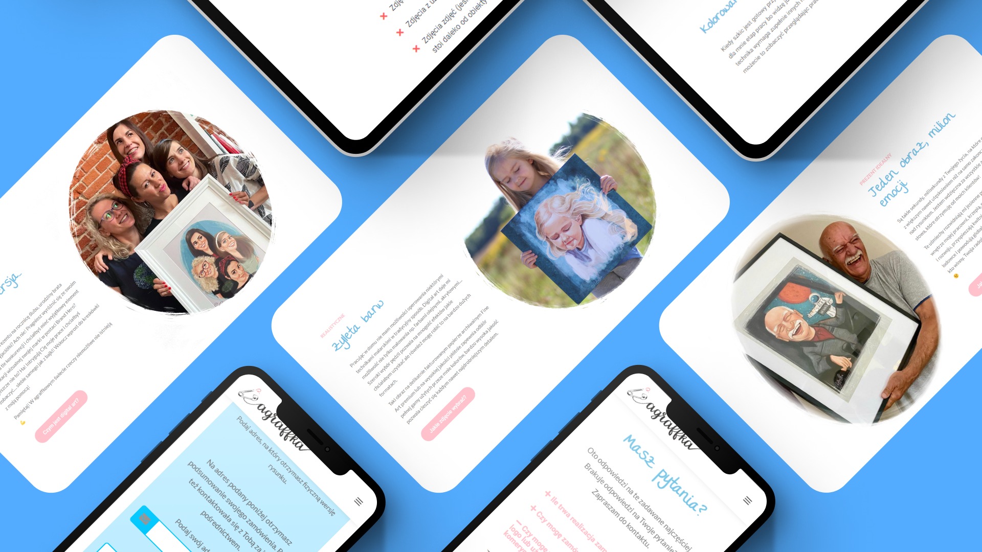 Kompozycja z ekranów smartfonów i tabletów prezentujących stronę internetową z portretami rysowanymi cyfrowo, w tym portret grupy kobiet, portret dziecka i portret starszego mężczyzny.