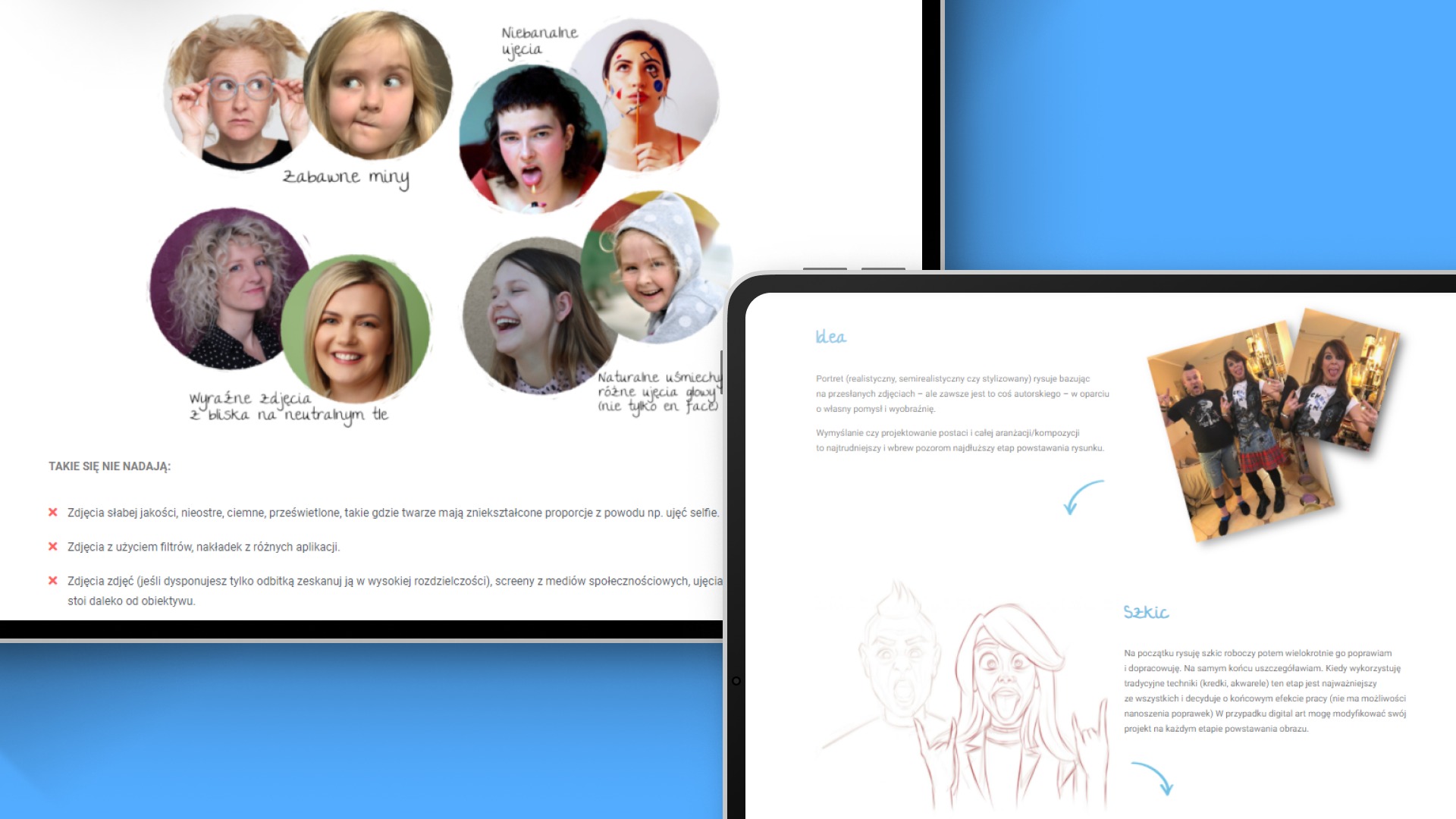 Prezentacja przykładów akceptowalnych i nieakceptowalnych zdjęć portretowych, w tym sugestie dotyczące jakości, ujęć i stylizacji, a także szkiców i pomysłów na portrety.