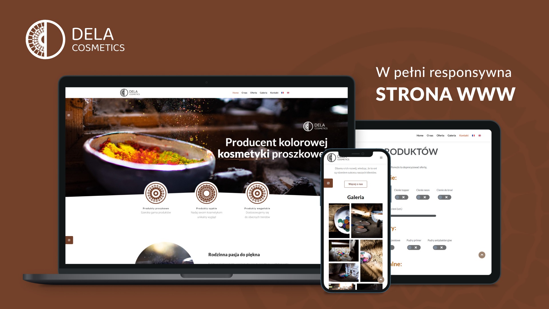 Responsywna strona internetowa na laptopie i smartfonie prezentująca ofertę kolorowych kosmetyków proszkowych marki Dela Cosmetics.
