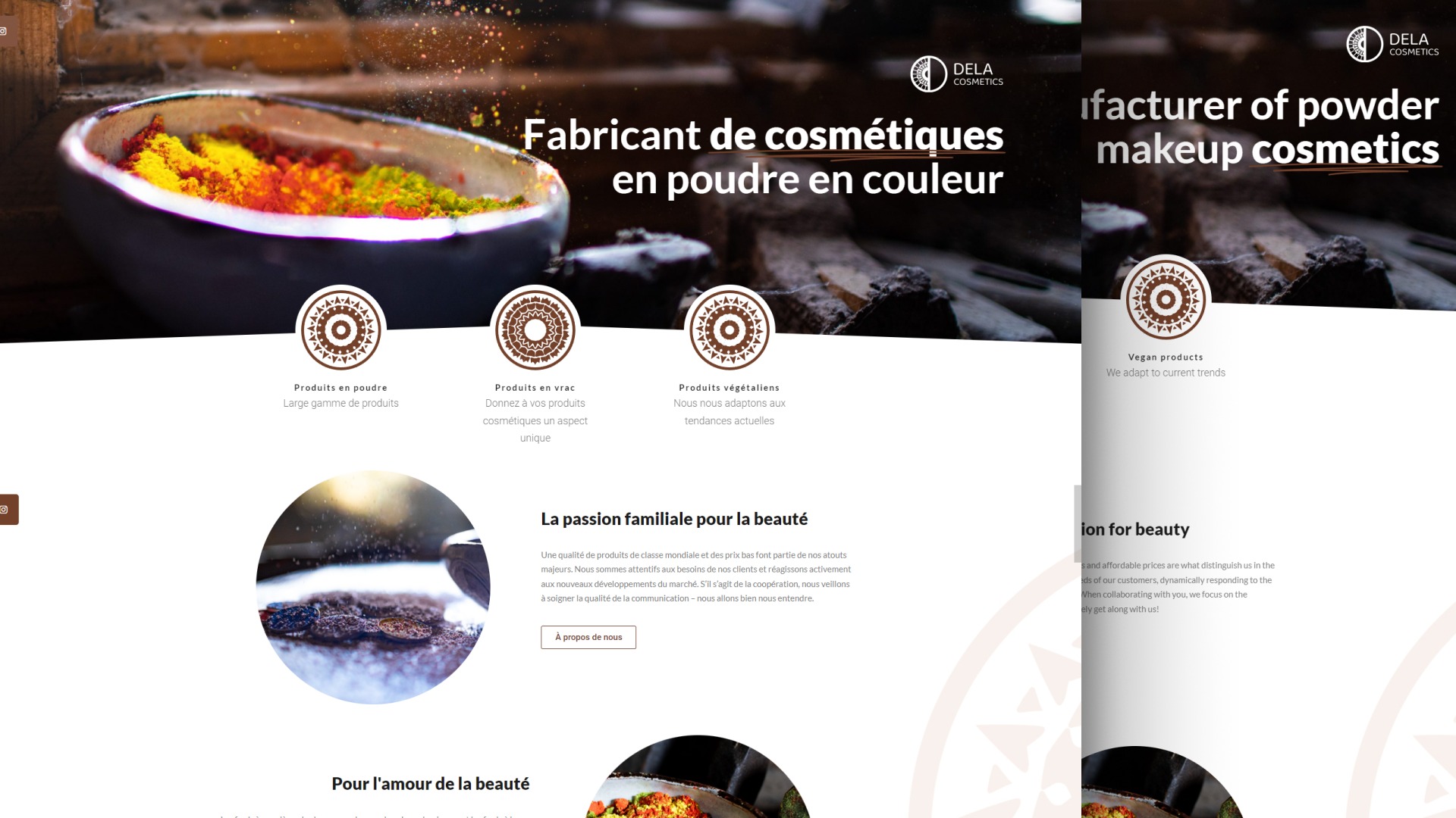 Projekt strony internetowej z nagłówkiem prezentującym miskę z kolorowymi proszkami kosmetycznymi i hasłem 'Fabricant de cosmétiques en poudre en couleur'.