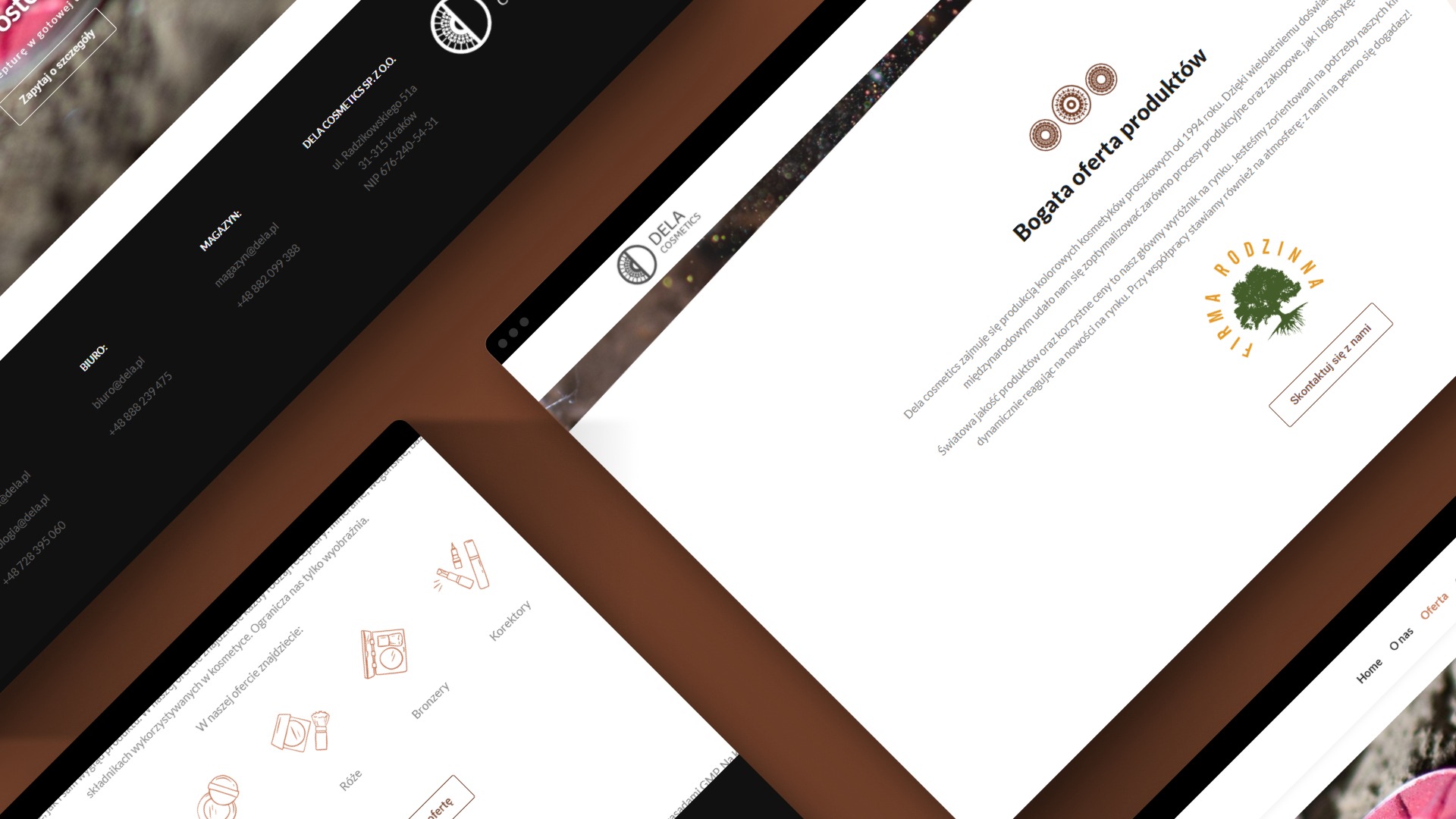 Fragment strony internetowej firmy kosmetycznej Dela Cosmetics prezentujący bogatą ofertę produktów, w tym ikony różu, bronzerów i korektorów.