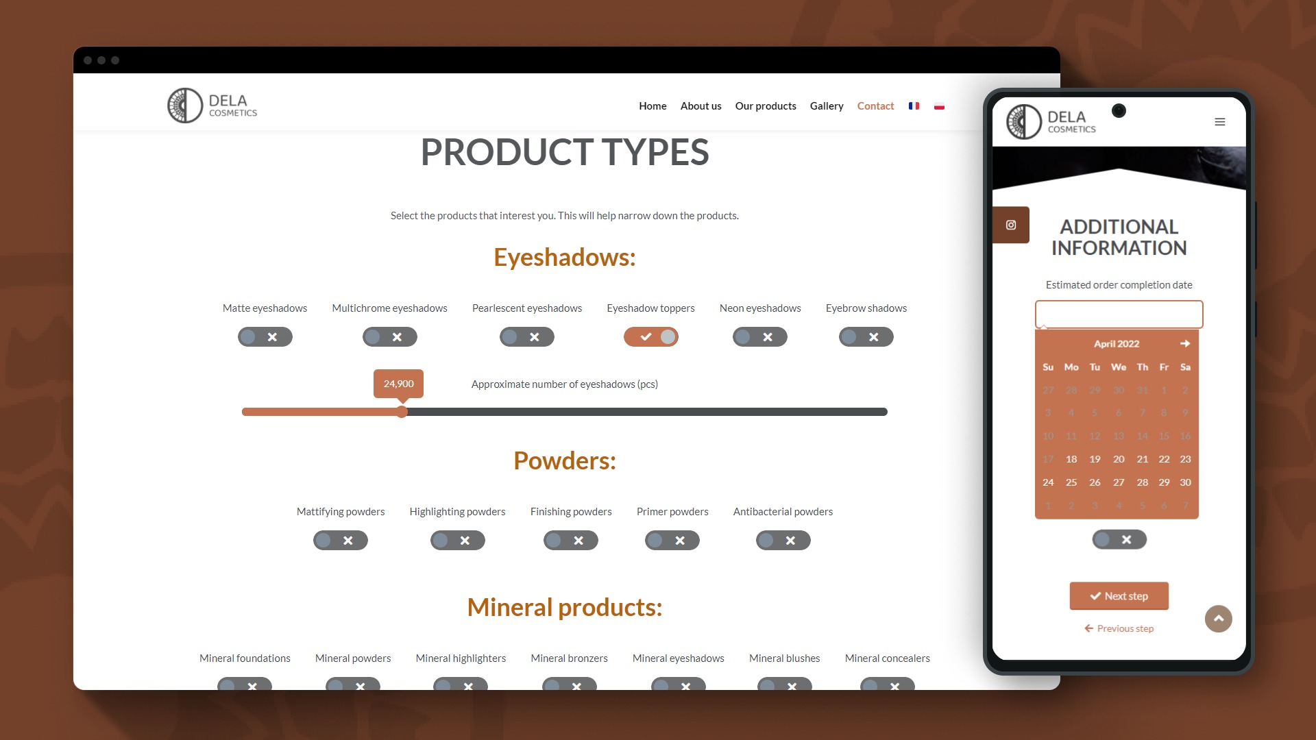 Widok ekranu komputera i smartfona prezentujący interfejs strony internetowej z filtrowaniem produktów kosmetycznych, w tym cieni do powiek, pudrów i produktów mineralnych, z opcją wyboru daty...