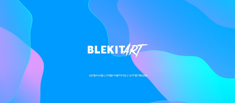 Abstrakcyjne tło w odcieniach błękitu i fioletu z białym napisem 'BLEKITART' oraz hasłem 'grafika | marketing | strategia'.