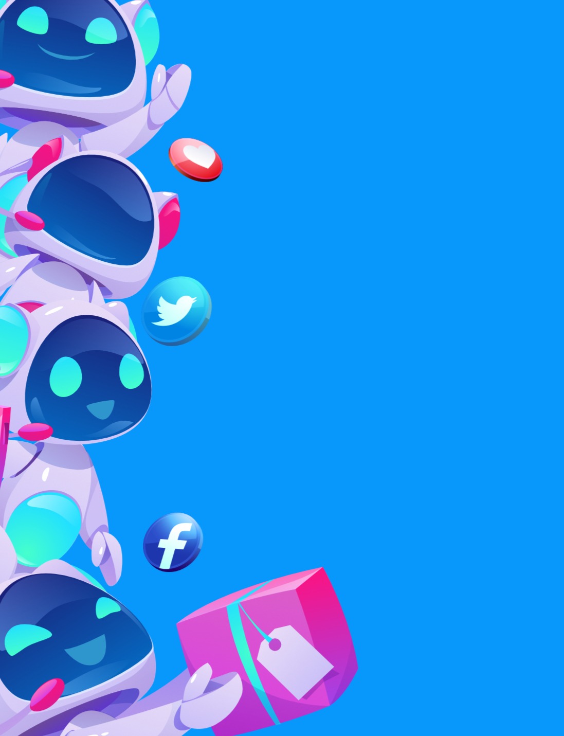 Grafika przedstawia stylizowaną kolumnę robotów z ikonami mediów społecznościowych (Facebook, Twitter, serduszko) i prezentem na niebieskim tle.