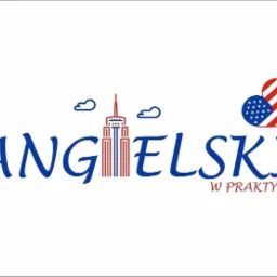 Napis 'ANGIELSKI W PRAKTYCE' z elementami graficznymi: stylizowany budynek Empire State Building w kolorach flagi USA oraz serce z motywem flagi amerykańskiej.